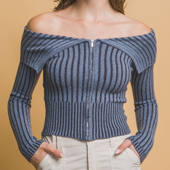 Zip-Me-Up Bardot Ribbed Top - Blue - Picture 9 of 10